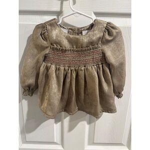 Tommy Bahama Baby Girl Gold Shimmer Smocked Long‎ Sleeve Dress Size 12 Months